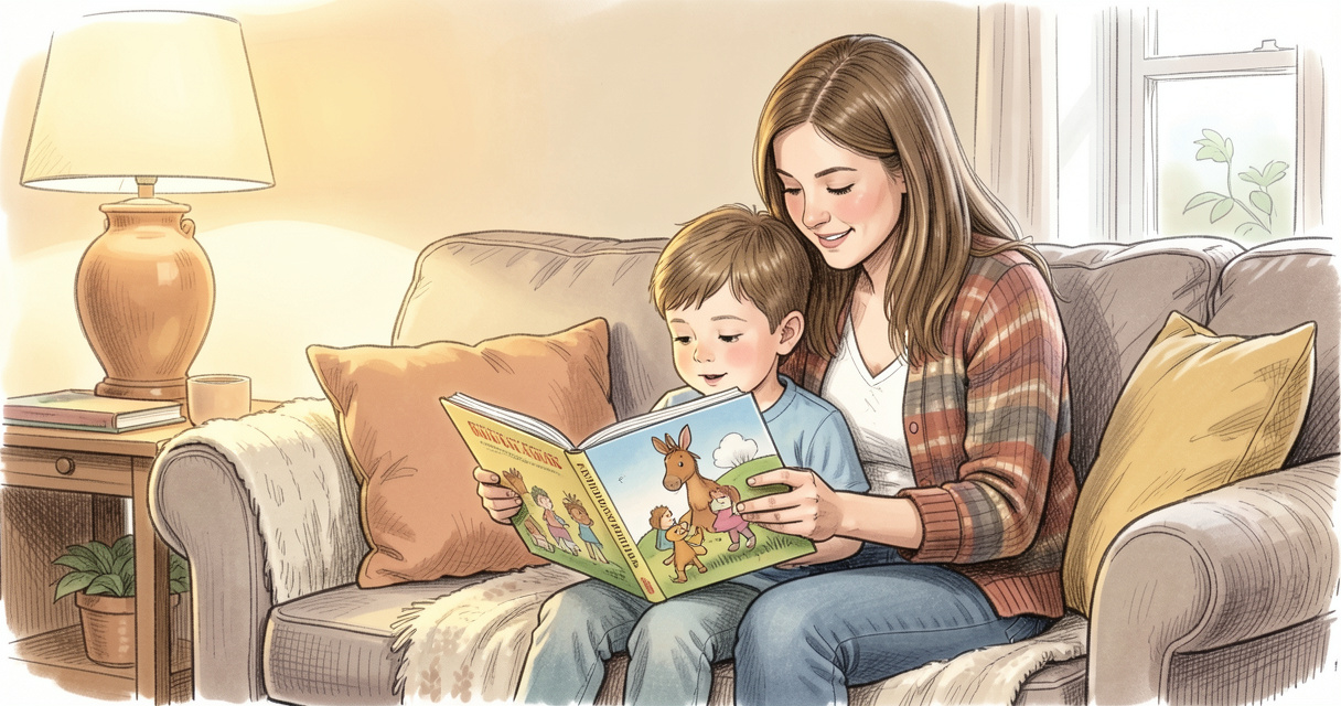 Madre leyendo un cuento corto a su hijo de 4 años en el sofá