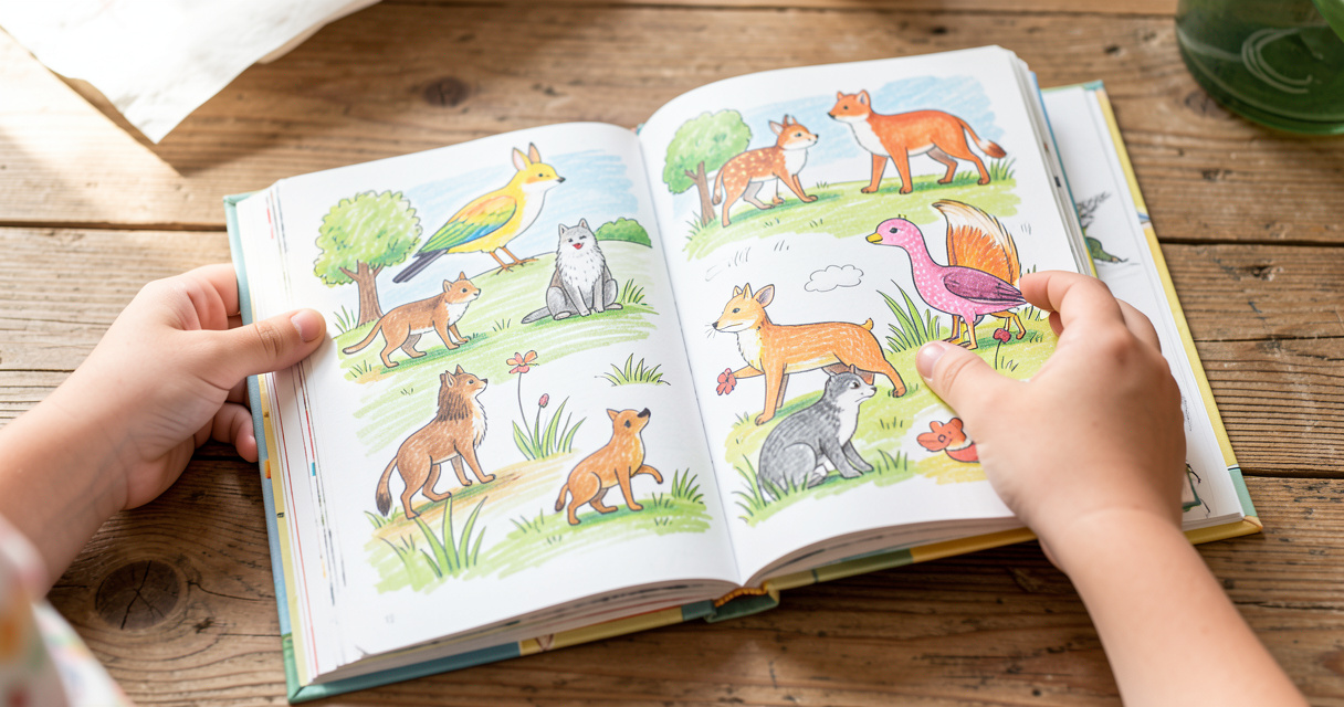 Manos de niño sosteniendo un libro de cuentos infantiles con ilustraciones de animales