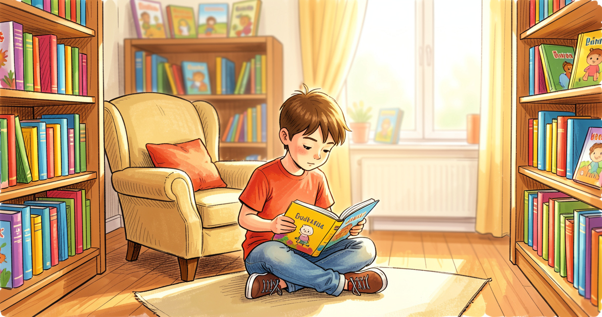 Niño de 10 años leyendo un libro en una biblioteca infantil acogedora, fomentando el hábito lector