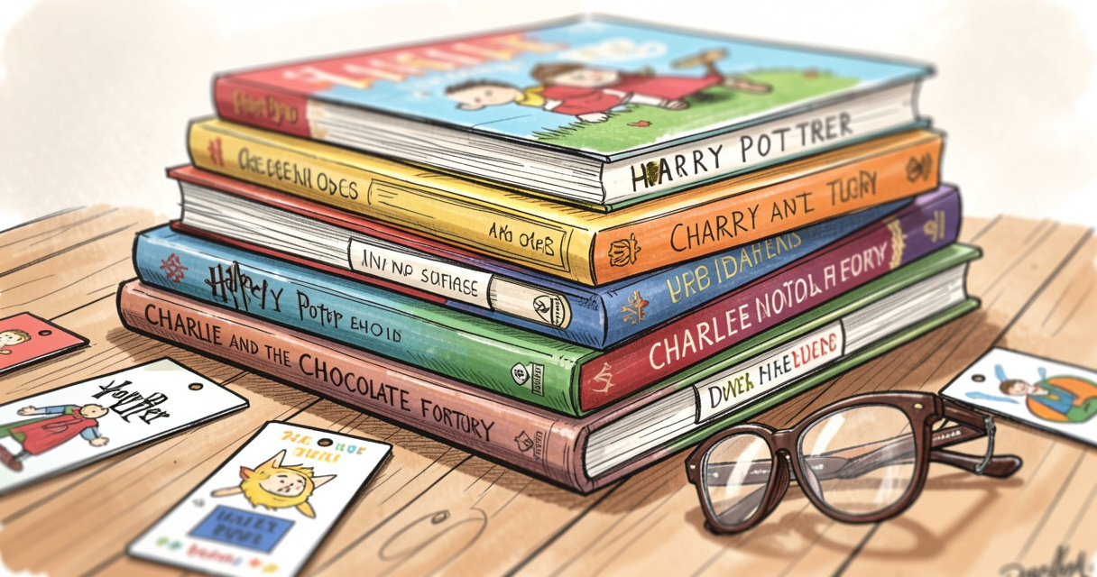Pila de libros infantiles populares para niños de 10 a 12 años sobre una mesa de madera