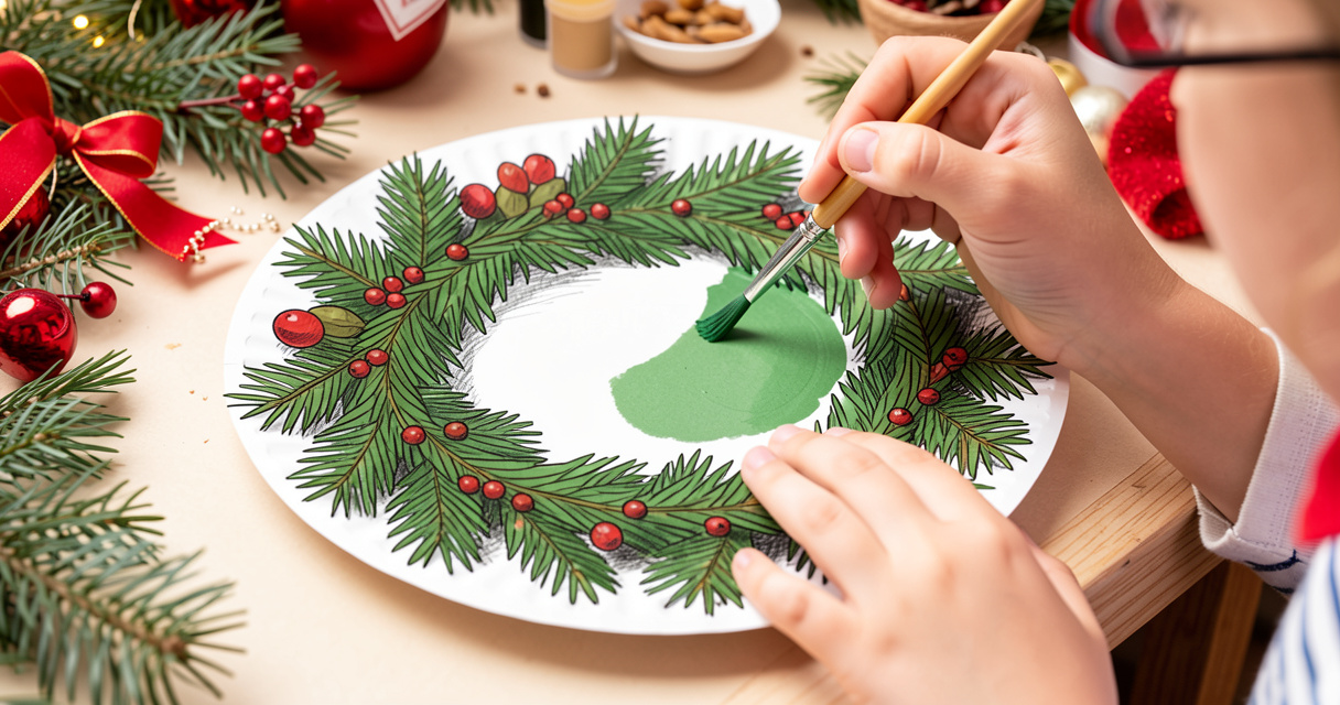 Niño pintando un plato de papel verde para hacer una corona navideña manualidad infantil