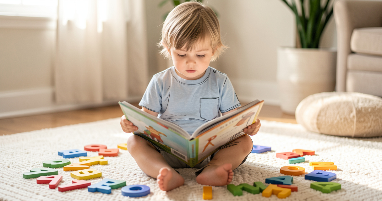 Niño pequeño concentrado leyendo un libro ilustrado en una alfombra, con letras del alfabeto cerca, ideal para aprender 
