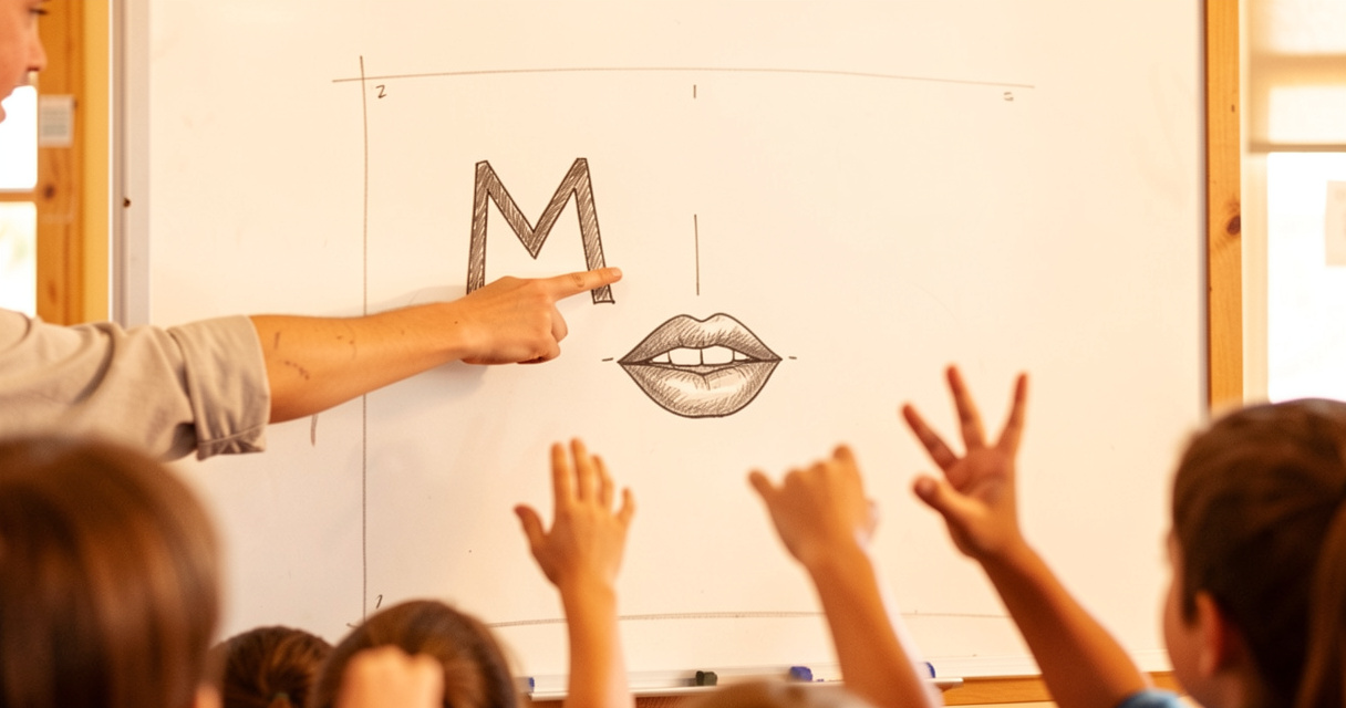 Mano de maestra señalando la letra M en una pizarra mientras niños levantan la mano en clase de lectoescritura.