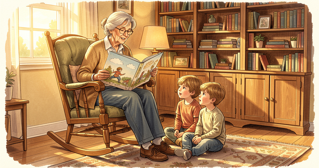 Abuela leyendo cuentos tradicionales a niños en una sala acogedora al atardecer