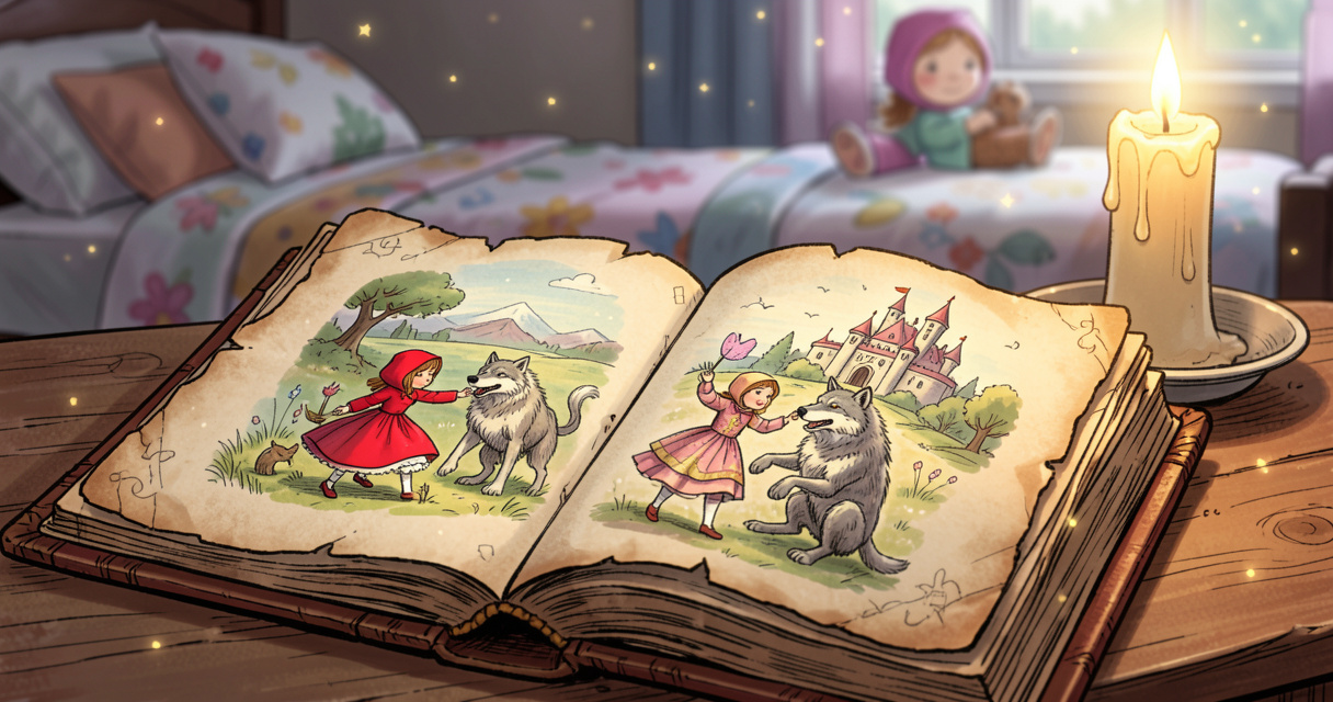 Libro antiguo abierto con ilustraciones de cuentos clásicos infantiles junto a una vela