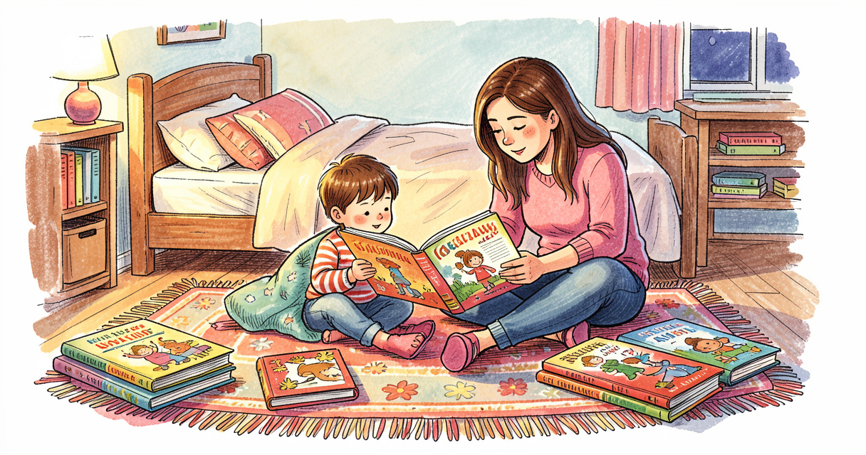 Padre leyendo un cuento infantil a su hijo en la alfombra, libros por todas partes