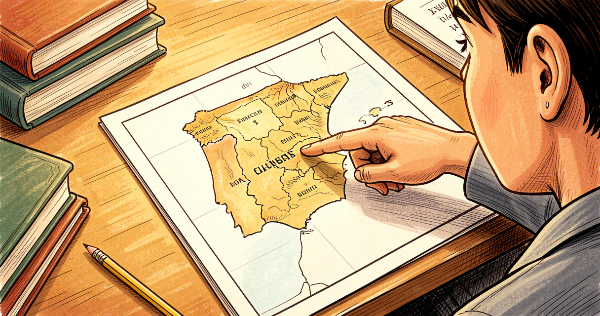Estudiante señalando una provincia en un mapa político de España impreso