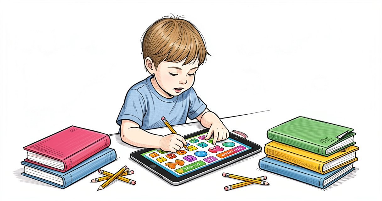 Niño jugando a juegos educativos en una tablet cerca de materiales escolares