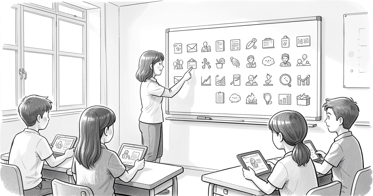 Profesora mostrando juegos de Edu365 en la pizarra a alumnos con tablets