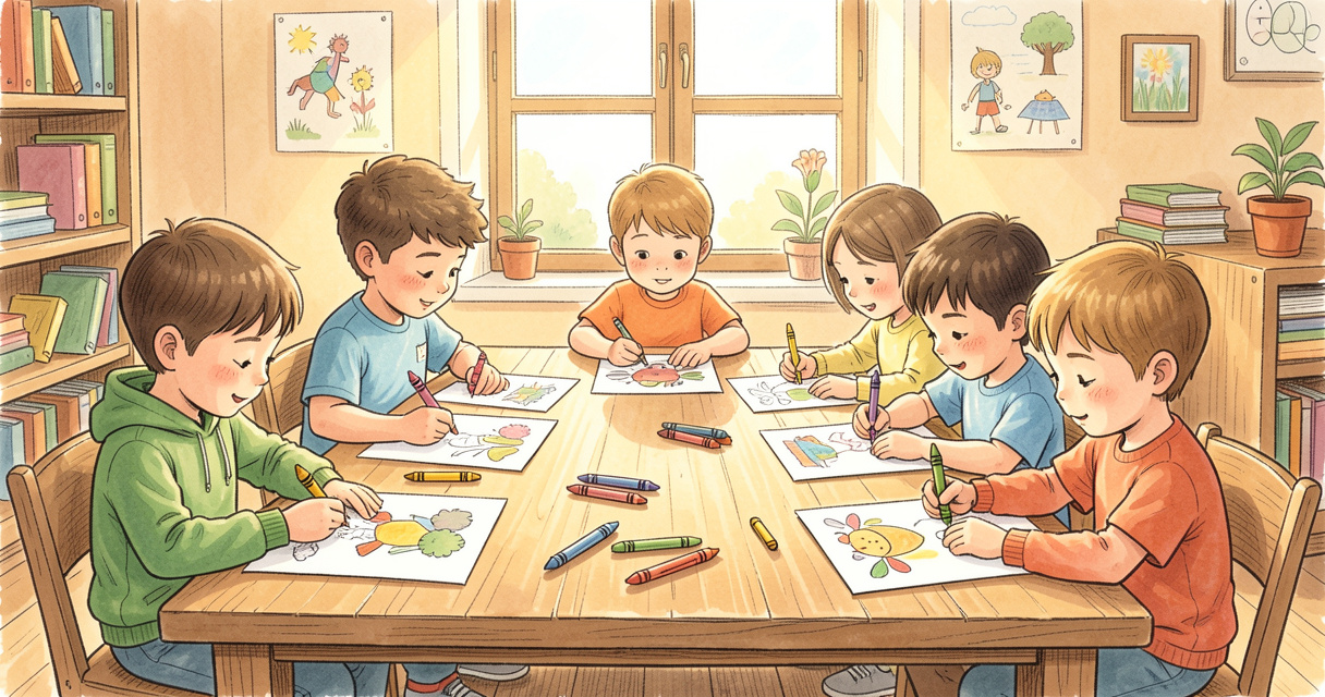 Niños coloreando dibujos en una mesa con lápices de colores y papel