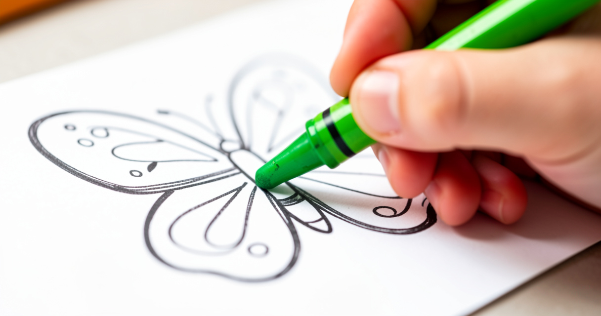 Mano de niño coloreando una mariposa con un crayón verde dentro de las líneas