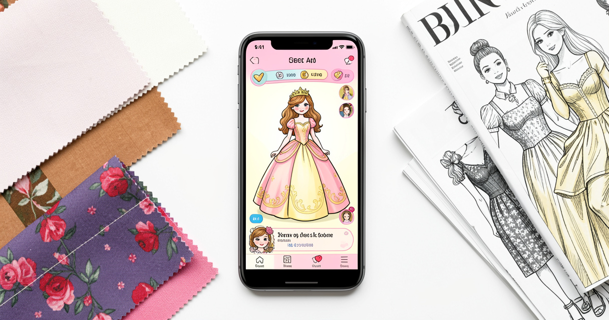Pantalla de móvil con un juego de moda de princesa y accesorios de costura alrededor