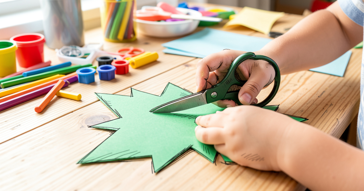 Niño recortando papel verde para hacer un árbol de Navidad manualidad infantil segura