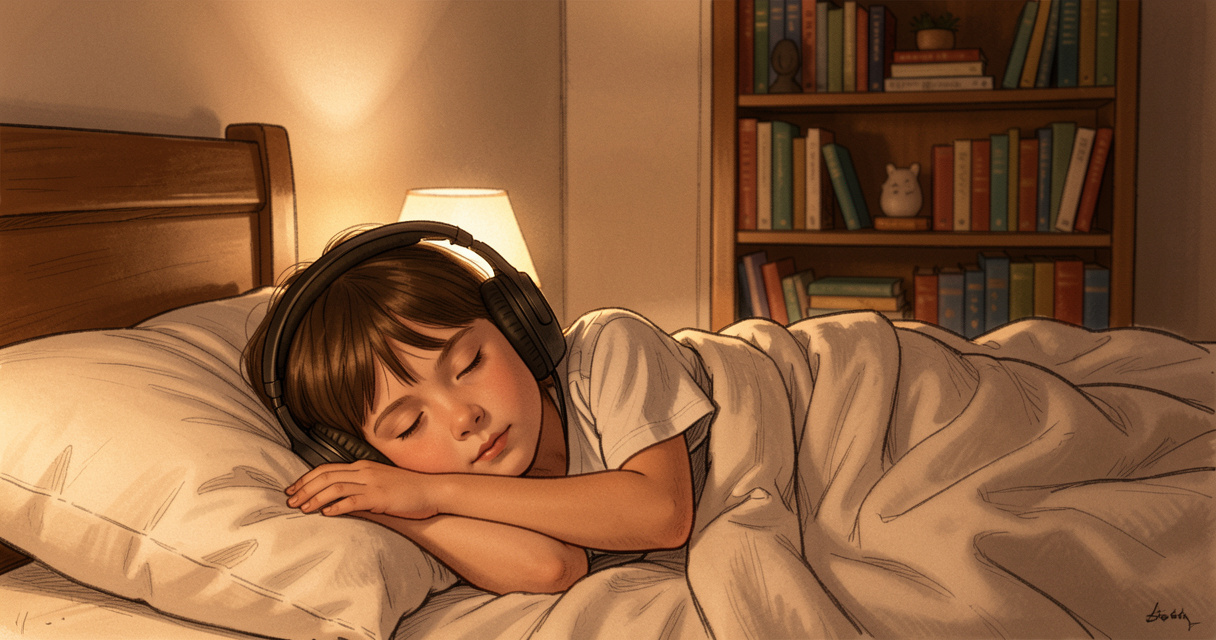 Niño escuchando audiocuentos Mumablue en la cama con auriculares