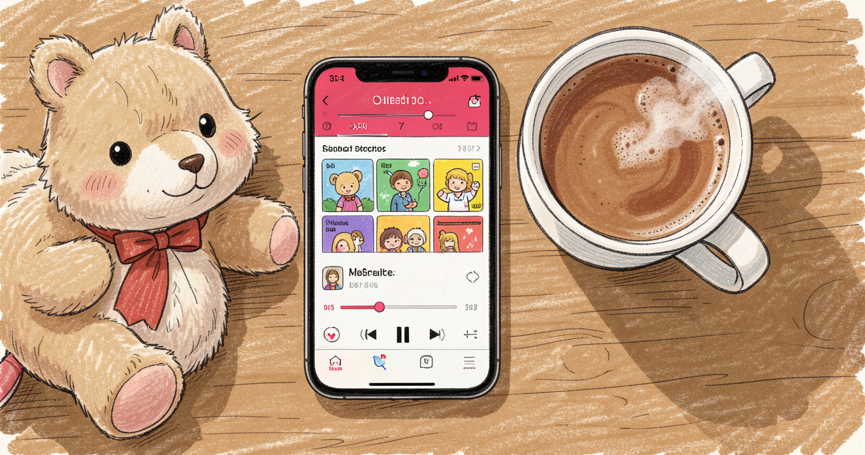 Reproductor de audio de Pequehistorias Mumablue sobre una mesa junto a un peluche