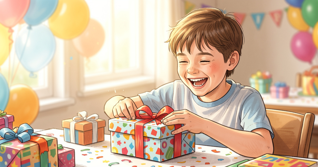 Niño de 9 años abriendo un regalo de cumpleaños en casa y sonriendo emocionado