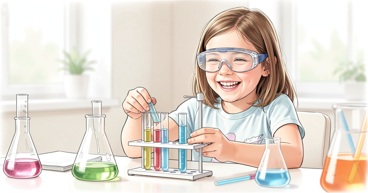 Niña de 9 años jugando con un juego de experimentos científicos en una mesa luminosa