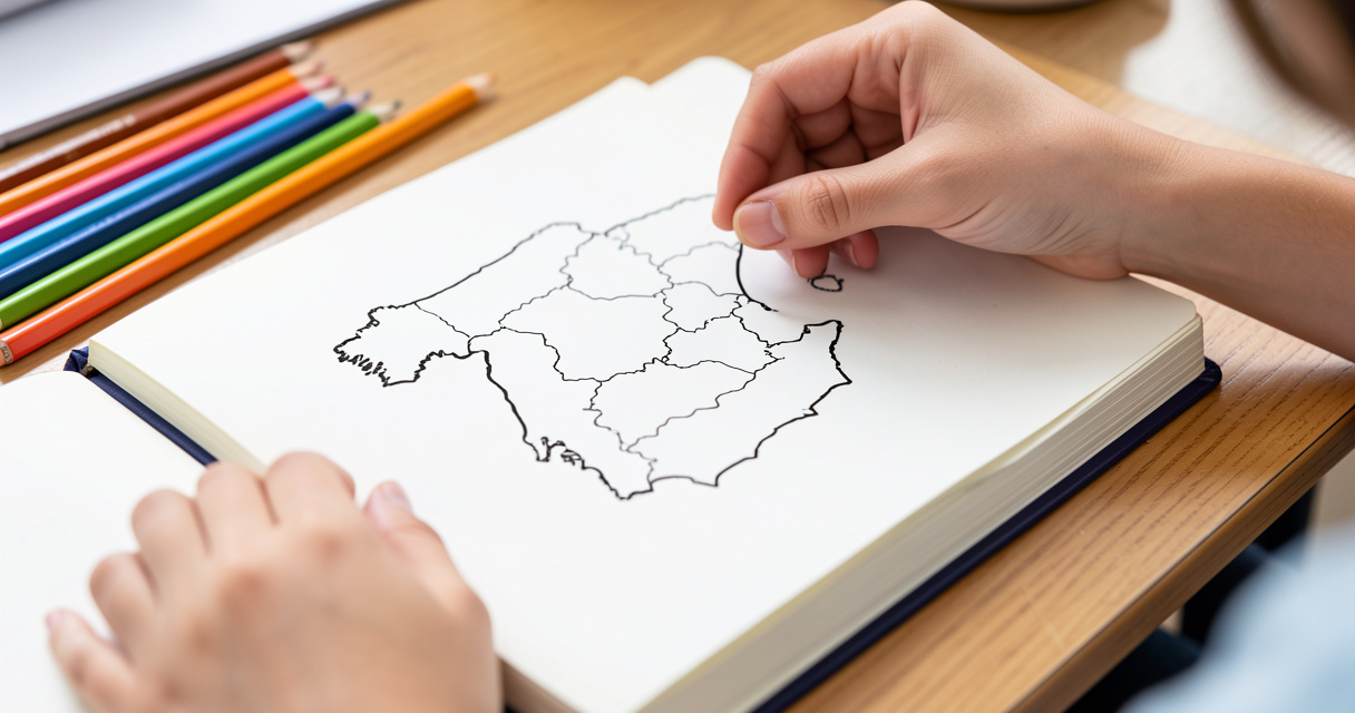 Mapa mudo de provincias españolas con lápices para estudiar Geografía