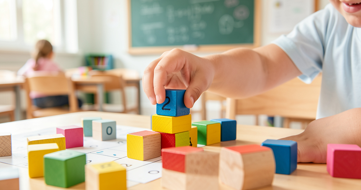 Niños resolviendo acertijos matemáticos con bloques de colores en primaria