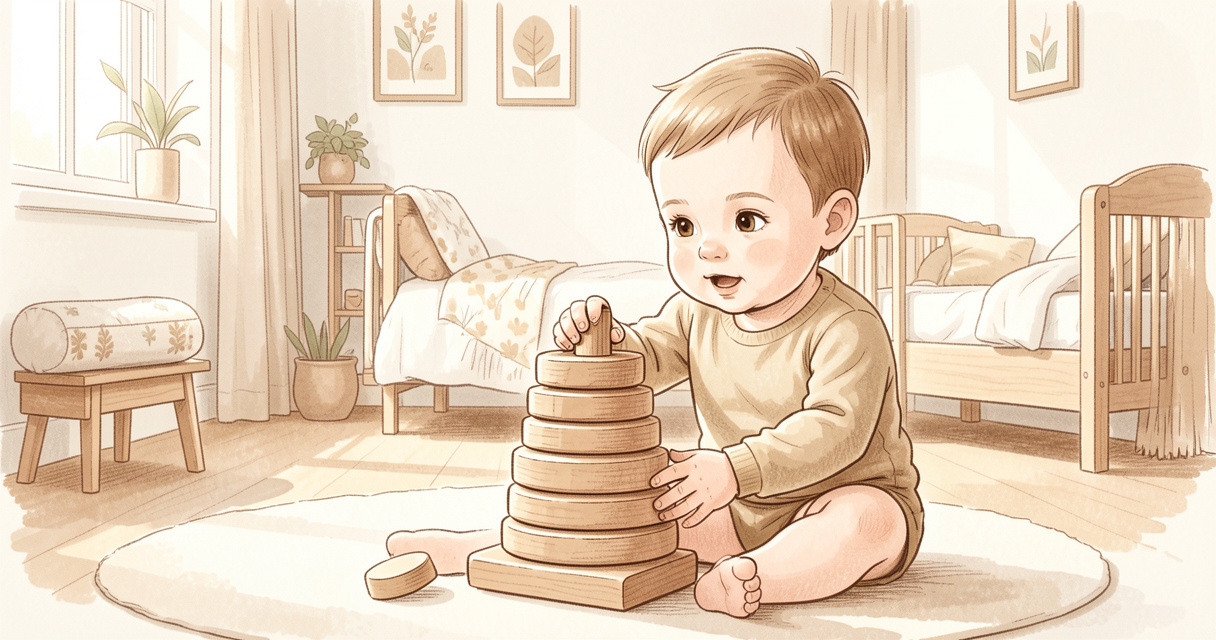 Juguetes Montessori 1 año: bebé juega con torre de anillos de madera