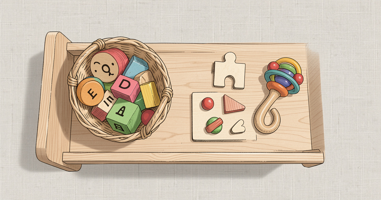 Juguetes Montessori 1 año: estante sensorial con materiales de madera
