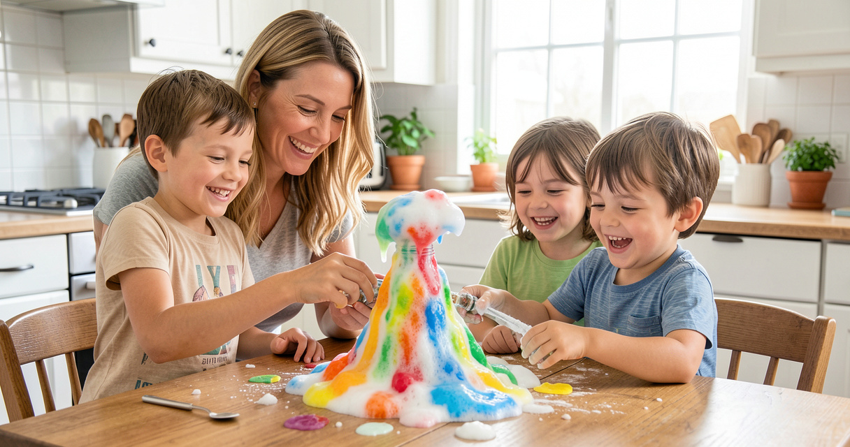 Niños haciendo un volcán casero con bicarbonato y vinagre en la cocina