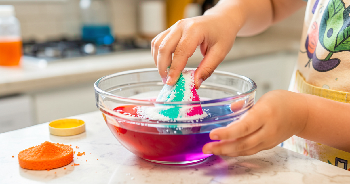 Mano de niño mezclando masa de colores en un experimento casero supervisado