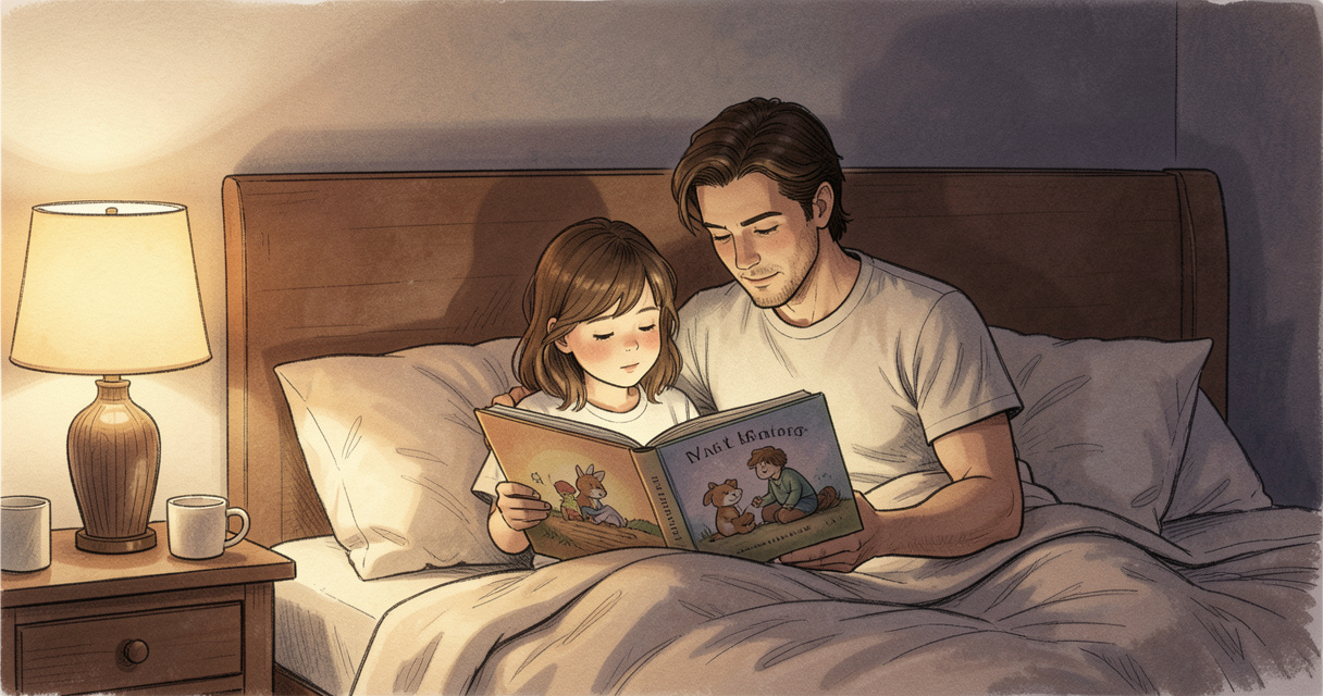 Padre e hijo leyendo historias para dormir en la habitación