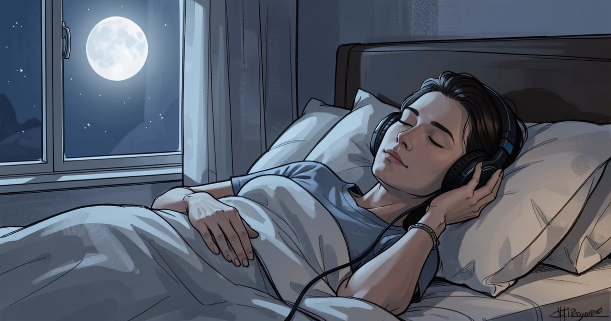 Persona escuchando historias para dormir en audio antes de descansar