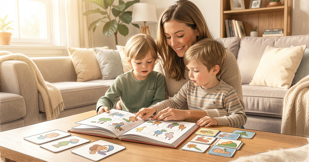 Madre e hijo leen un cuento con pictogramas, señalando los dibujos de la historia