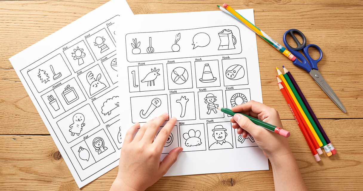 Plantillas imprimibles de cuento con pictogramas y tarjetas visuales sobre una mesa