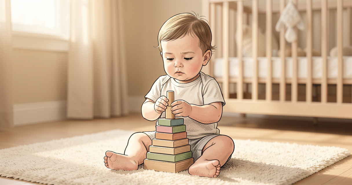 Bebé de 9 meses jugando con juguetes apilables de madera en casa