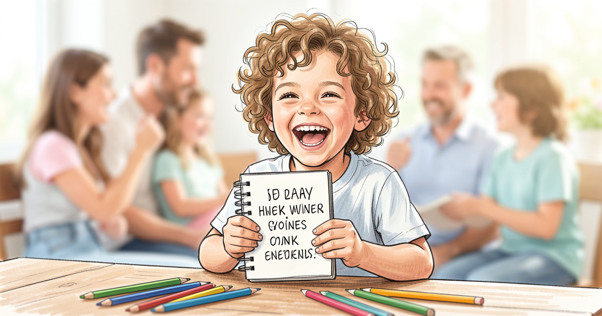 Niño leyendo chistes cortos para niños en un cuaderno de chistes