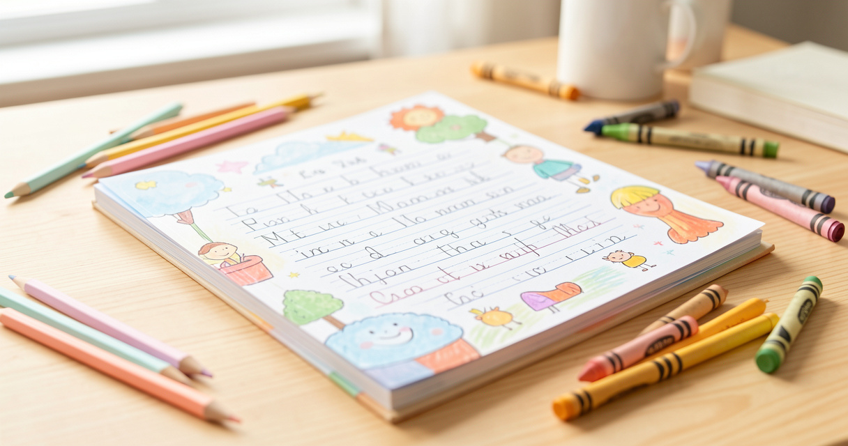 Cuaderno de caligrafía infantil con letra escolar y lápices de colores sobre mesa