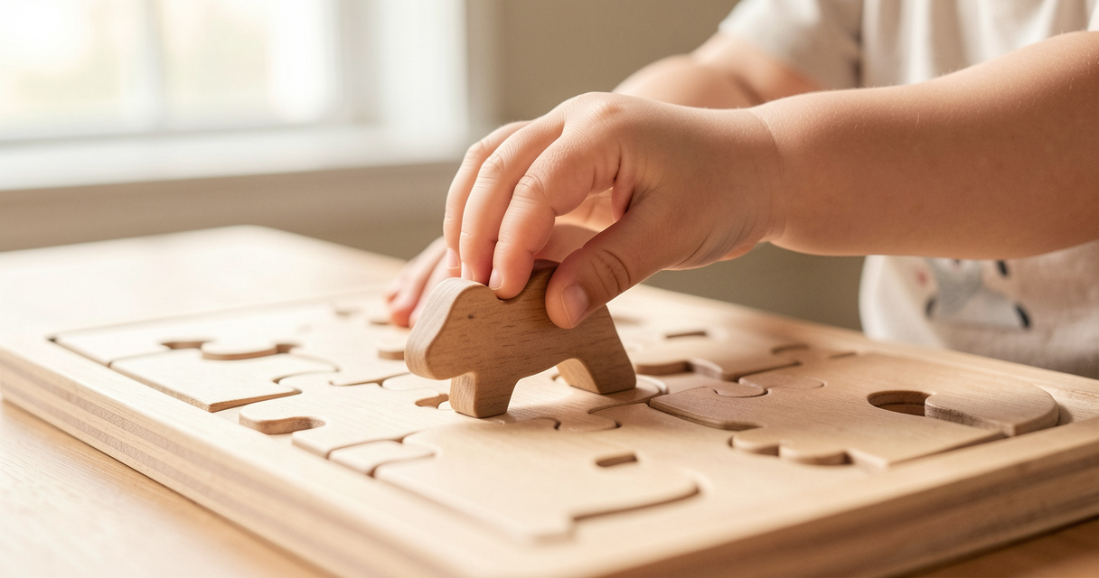 Manos de un niño colocando una pieza grande de puzzle para 2 años