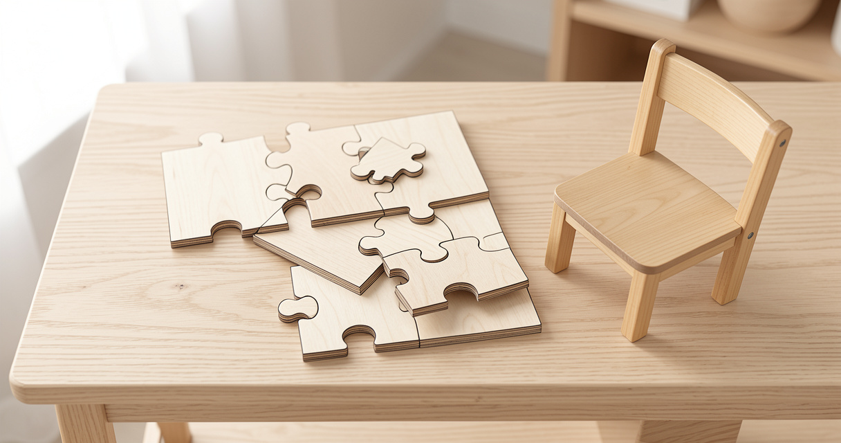 Puzzles progresivos para 2 años de madera sobre una mesa de roble