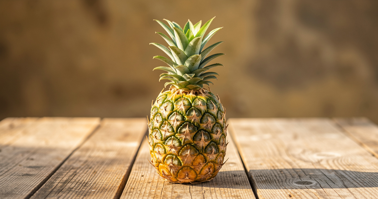 Adivinanzas de frutas tropicales: piña entera sobre mesa rústica